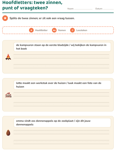 Voorbeeld van het Hoofdletters en leestekens-werkblad met Diversen voor groep 4