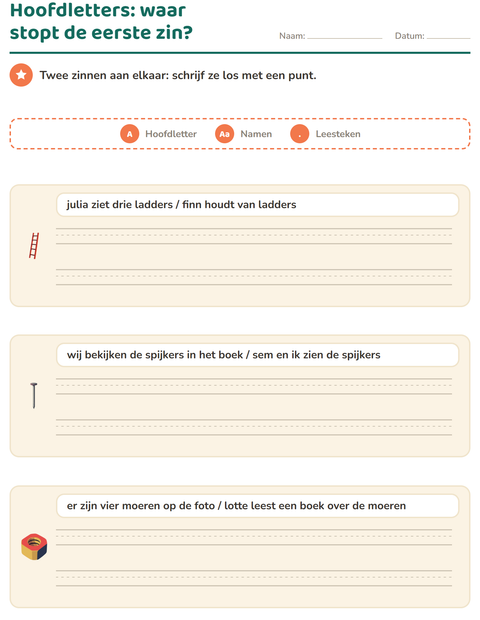 Voorbeeld van het Hoofdletters en leestekens-werkblad met Gereedschap voor groep 4
