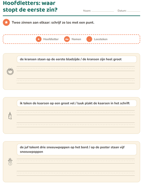 Voorbeeld van het Hoofdletters en leestekens-werkblad met Kerstmis Z/W voor groep 4