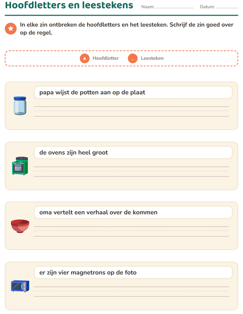Voorbeeld van het Hoofdletters en leestekens-werkblad met Keukengerei voor groep 4