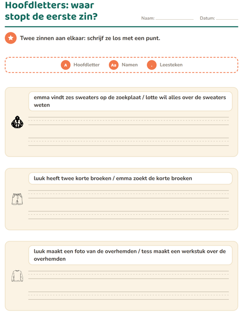 Voorbeeld van het Hoofdletters en leestekens-werkblad met Kleding ZW voor groep 4