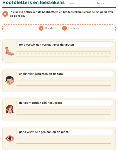 Voorbeeld van het Hoofdletters en leestekens-werkblad met Lichaamsdelen voor groep 4
