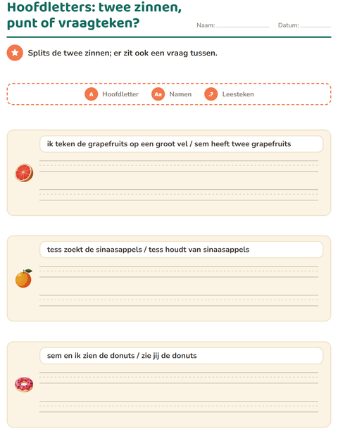 Voorbeeld van het Hoofdletters en leestekens-werkblad met Ontbijt voor groep 4
