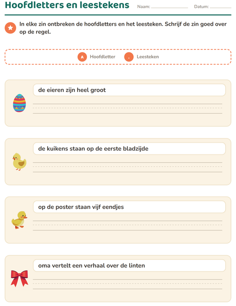 Voorbeeld van het Hoofdletters en leestekens-werkblad met Pasen voor groep 4