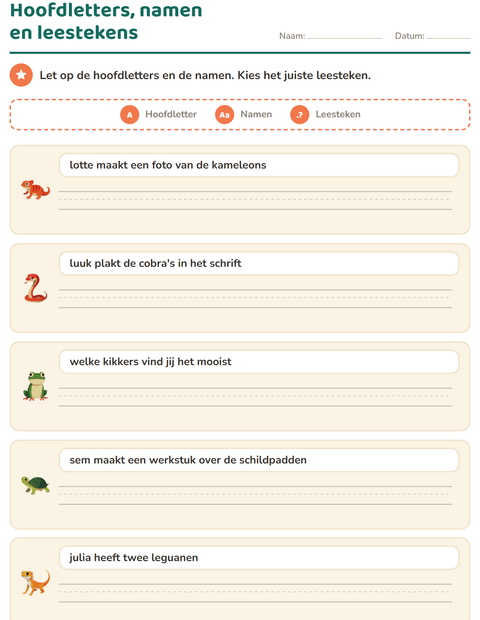 Voorbeeld van het Hoofdletters en leestekens-werkblad met Reptielen en amfibieën voor groep 4