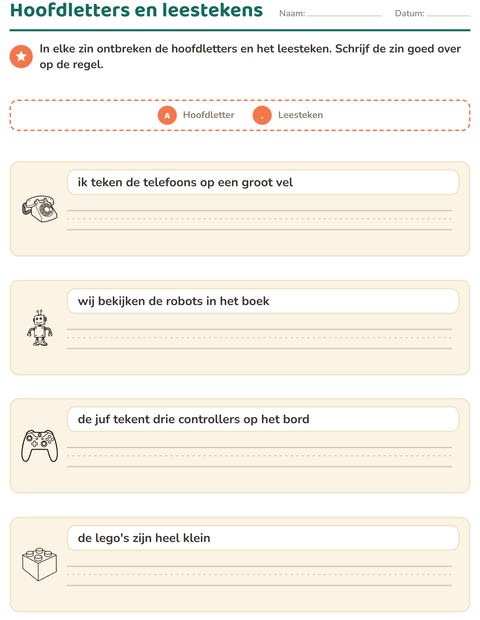 Voorbeeld van het Hoofdletters en leestekens-werkblad met Speelgoed ZW 2 voor groep 4