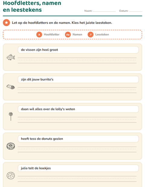 Voorbeeld van het Hoofdletters en leestekens-werkblad met Voedsel ZW voor groep 4