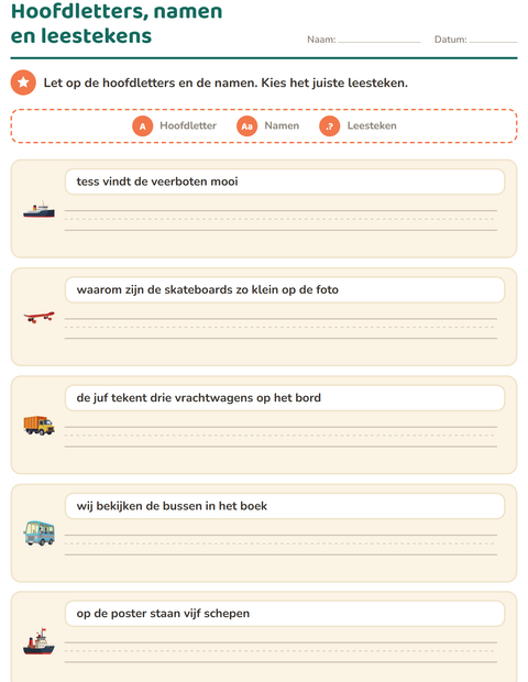 Voorbeeld van het Hoofdletters en leestekens-werkblad met Voertuigen voor groep 4