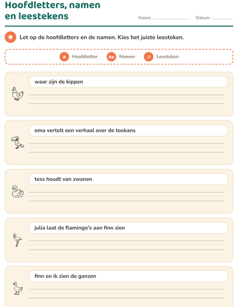 Voorbeeld van het Hoofdletters en leestekens-werkblad met Vogels Z&W 2 voor groep 4