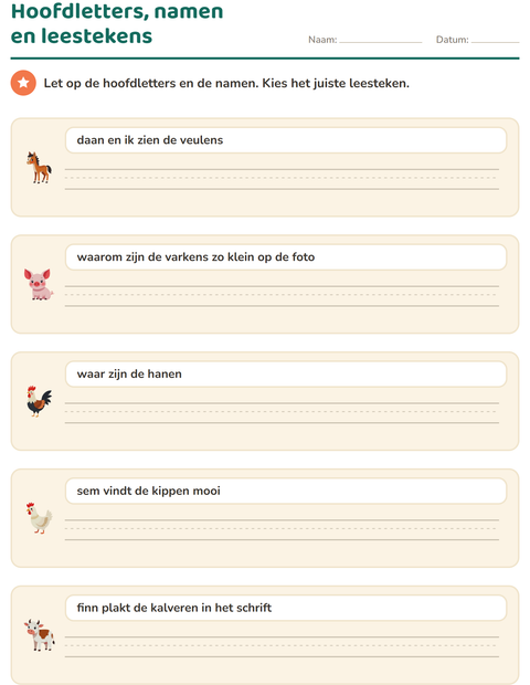 Voorbeeld van het Hoofdletters en leestekens-werkblad met Boerderijdieren voor groep 4