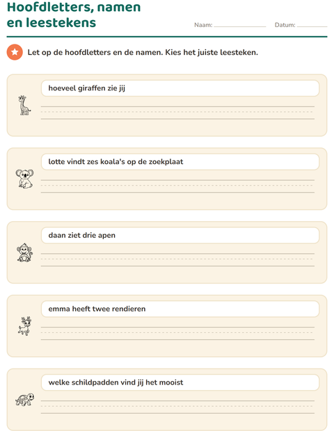 Voorbeeld van het Hoofdletters en leestekens-werkblad met Dierentuindieren ZW voor groep 4