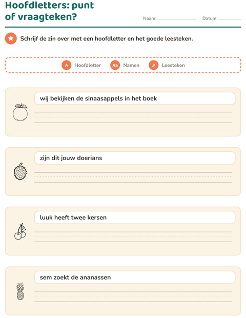 Voorbeeld van het Hoofdletters en leestekens-werkblad met Fruit ZW voor groep 4
