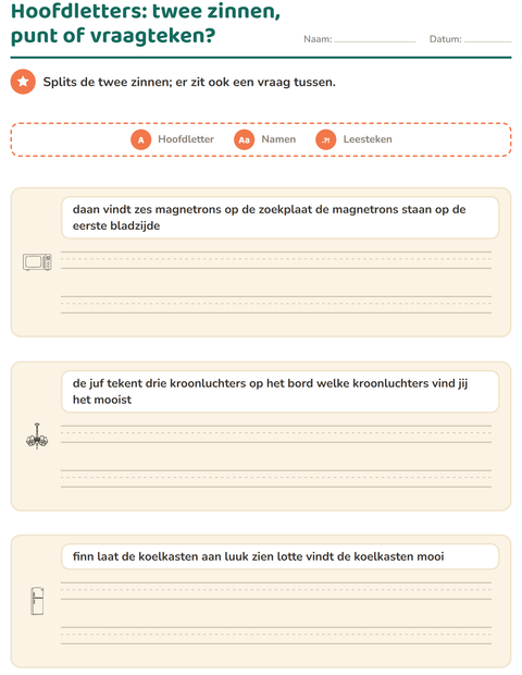 Voorbeeld van het Hoofdletters en leestekens-werkblad met Huis ZW voor groep 4
