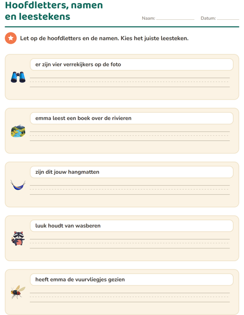 Voorbeeld van het Hoofdletters en leestekens-werkblad met Kamperen voor groep 4