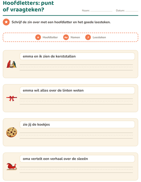 Voorbeeld van het Hoofdletters en leestekens-werkblad met Kerstmis voor groep 4