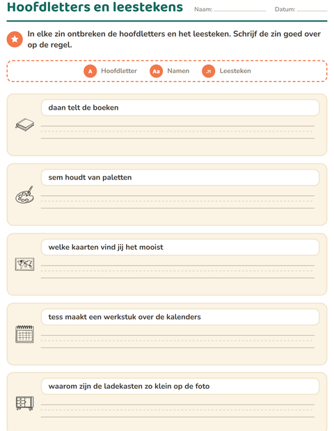 Voorbeeld van het Hoofdletters en leestekens-werkblad met Klaslokaal 2 (Z/W) voor groep 4