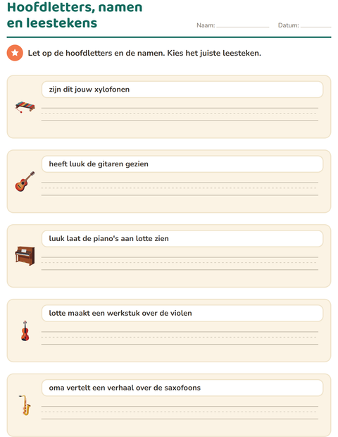 Voorbeeld van het Hoofdletters en leestekens-werkblad met Muziek voor groep 4