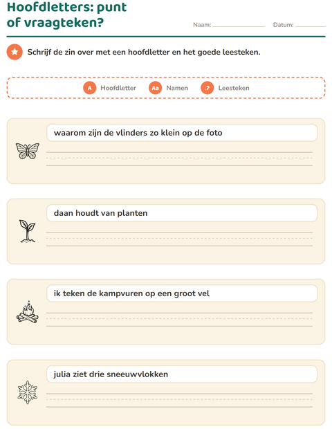 Voorbeeld van het Hoofdletters en leestekens-werkblad met Natuur ZW voor groep 4