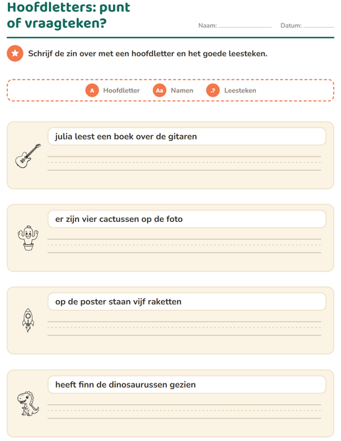 Voorbeeld van het Hoofdletters en leestekens-werkblad met Speelgoed ZW voor groep 4