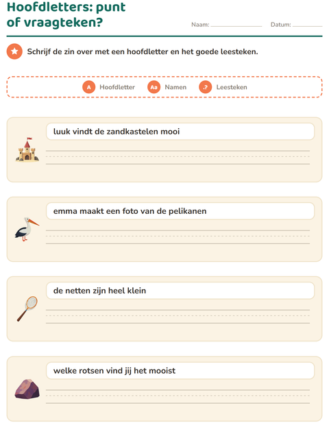 Voorbeeld van het Hoofdletters en leestekens-werkblad met Strand voor groep 4