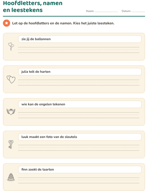 Voorbeeld van het Hoofdletters en leestekens-werkblad met Valentijnsdag ZW voor groep 4