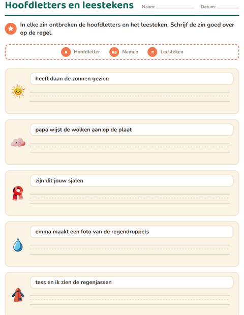 Voorbeeld van het Hoofdletters en leestekens-werkblad met Weer voor groep 4