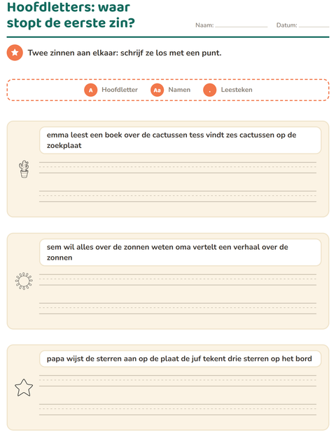 Voorbeeld van het Hoofdletters en leestekens-werkblad met Natuur ZW voor groep 4