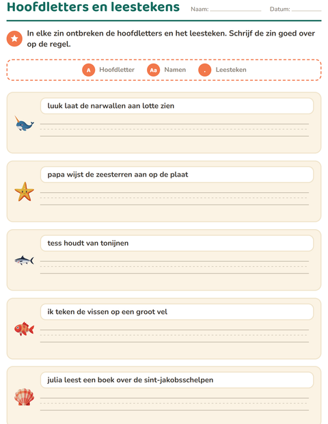Voorbeeld van het Hoofdletters en leestekens-werkblad met Oceaanleven voor groep 4