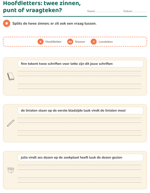 Voorbeeld van het Hoofdletters en leestekens-werkblad met Onderwijs ZW voor groep 4