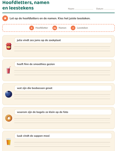 Voorbeeld van het Hoofdletters en leestekens-werkblad met Ontbijt voor groep 4