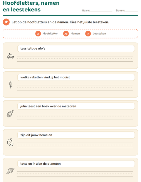 Voorbeeld van het Hoofdletters en leestekens-werkblad met Ruimte ZW voor groep 4