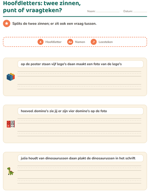 Voorbeeld van het Hoofdletters en leestekens-werkblad met Speelgoed voor groep 4