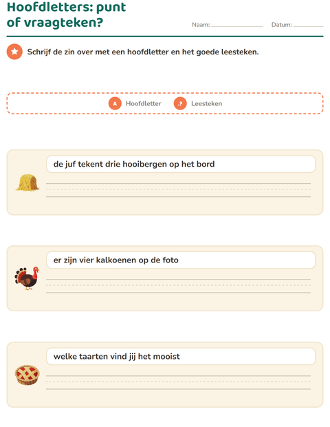 Voorbeeld van het Hoofdletters en leestekens-werkblad met Thanksgiving voor groep 4