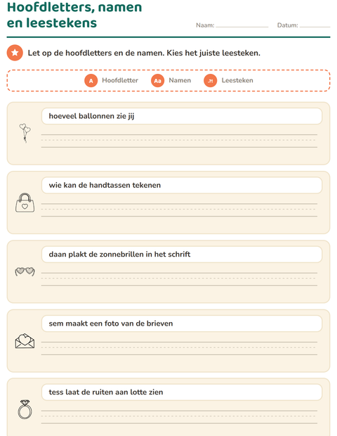 Voorbeeld van het Hoofdletters en leestekens-werkblad met Valentijnsdag ZW 2 voor groep 4