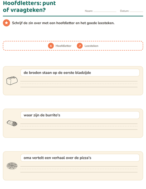 Voorbeeld van het Hoofdletters en leestekens-werkblad met Voedsel ZW voor groep 4