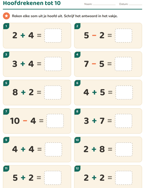 Voorbeeld van het Hoofdrekenen-werkblad voor groep 3