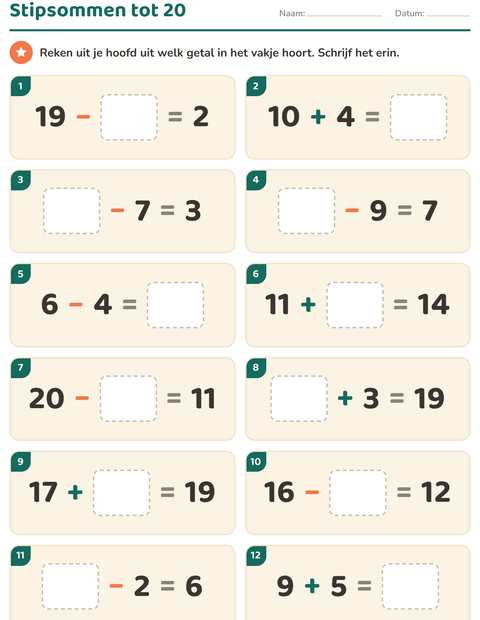 Voorbeeld van het Hoofdrekenen-werkblad voor groep 3