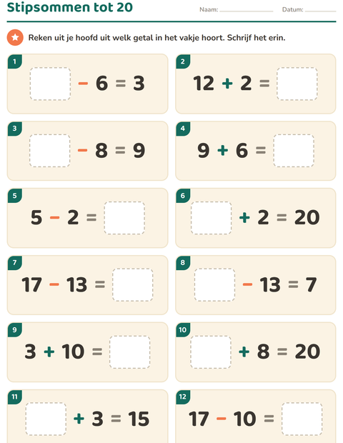 Voorbeeld van het Hoofdrekenen-werkblad voor groep 3
