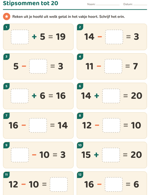 Voorbeeld van het Hoofdrekenen-werkblad voor groep 3