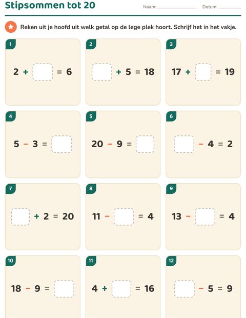 Voorbeeld van Stipsommen tot 20: welk getal ontbreekt?