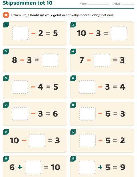 Voorbeeld van het Hoofdrekenen-werkblad voor groep 3