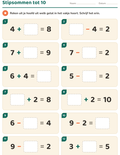 Voorbeeld van het Hoofdrekenen-werkblad voor groep 3