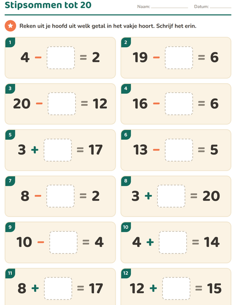 Voorbeeld van het Hoofdrekenen-werkblad voor groep 3