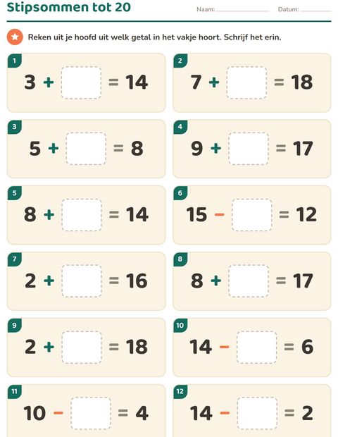 Voorbeeld van het Hoofdrekenen-werkblad voor groep 3