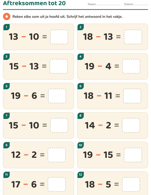 Voorbeeld van het Hoofdrekenen-werkblad voor groep 3