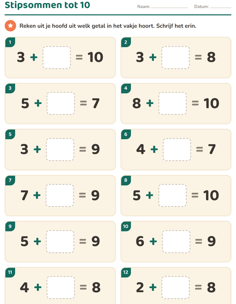 Voorbeeld van het Hoofdrekenen-werkblad voor groep 3