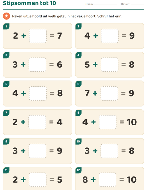 Voorbeeld van het Hoofdrekenen-werkblad voor groep 3