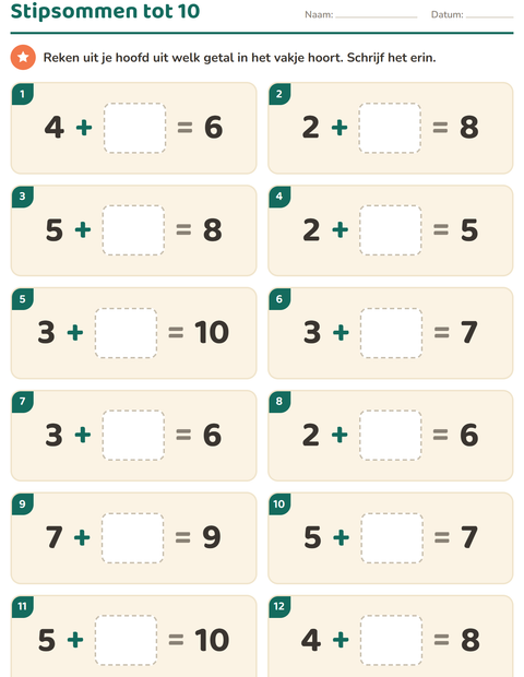 Voorbeeld van het Hoofdrekenen-werkblad voor groep 3