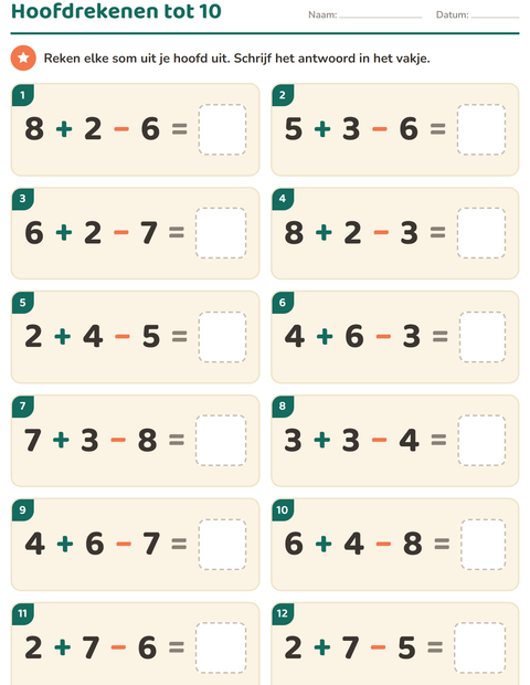 Voorbeeld van het Hoofdrekenen-werkblad voor groep 3