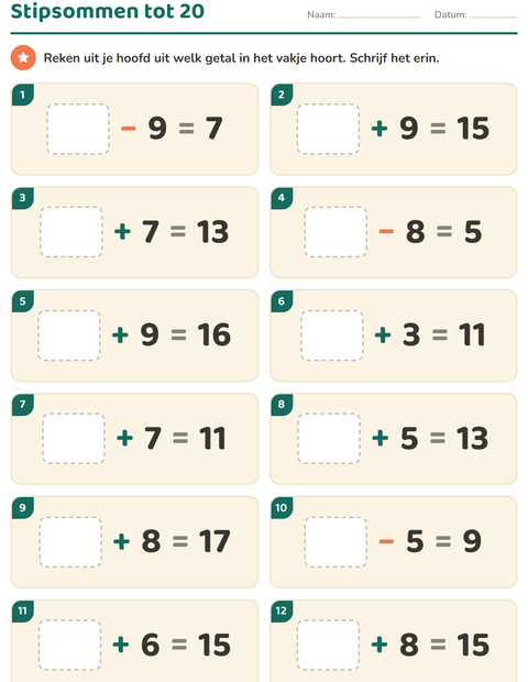 Voorbeeld van het Hoofdrekenen-werkblad voor groep 3